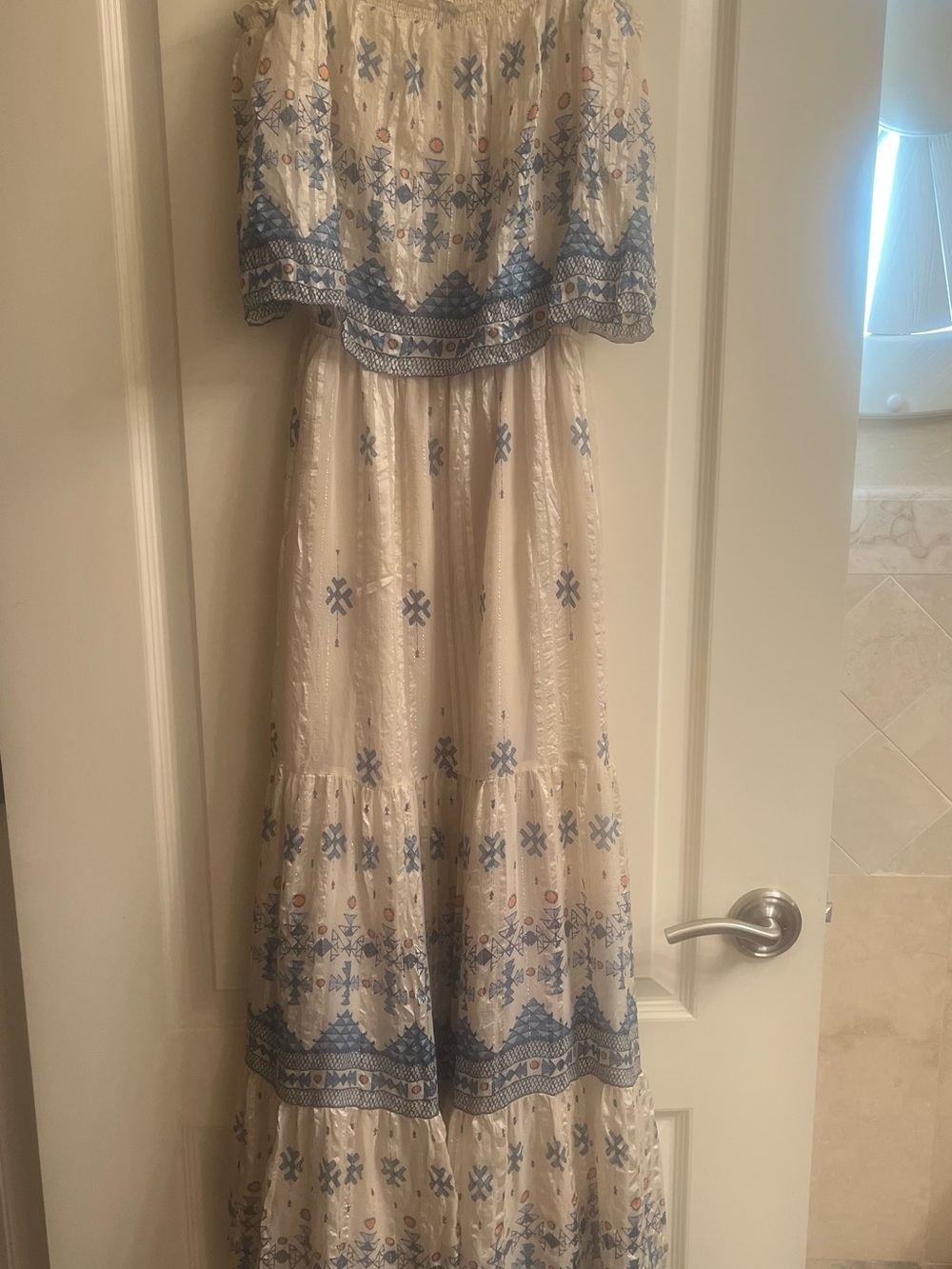 Joie Cream Maxi Dress with Blue Embroidery & peach accents slight metallic shine